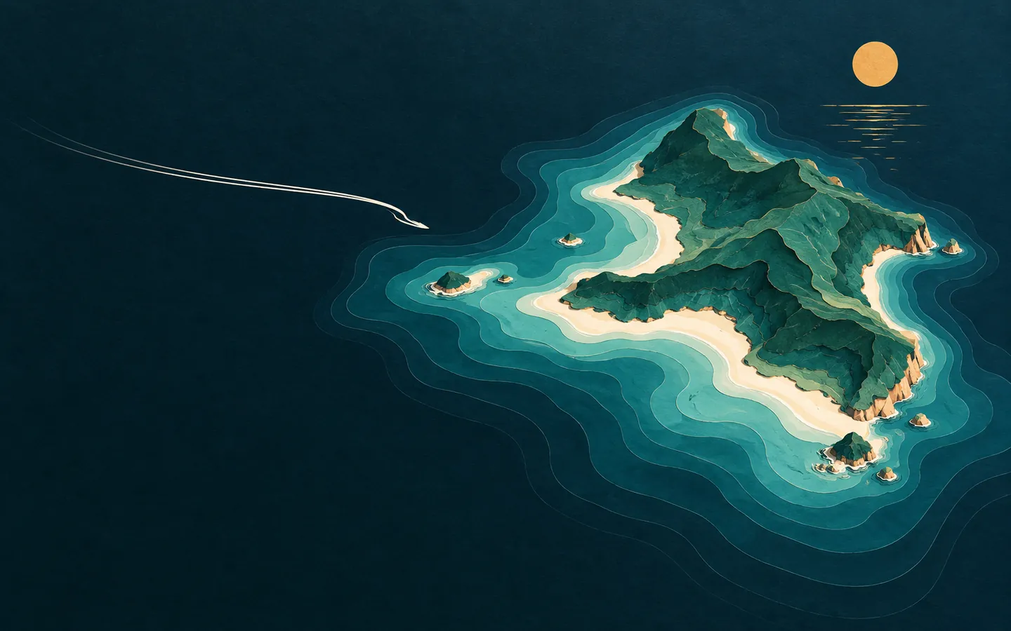 Stylized editorial illustration of a tropical island with a ferry wake and sun
