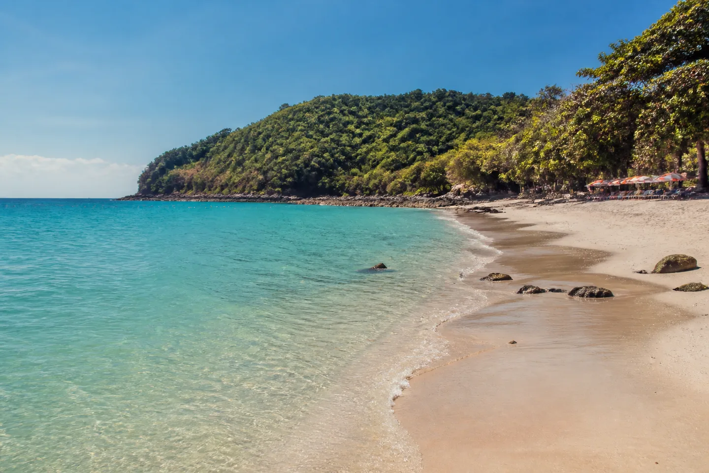 Clear water and a quiet sandy beach on Koh Larn