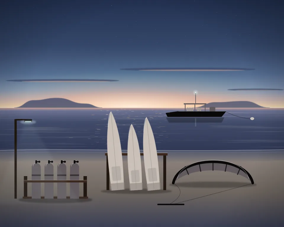 Illustration: a dive boat offshore with water-sports equipment on the sand