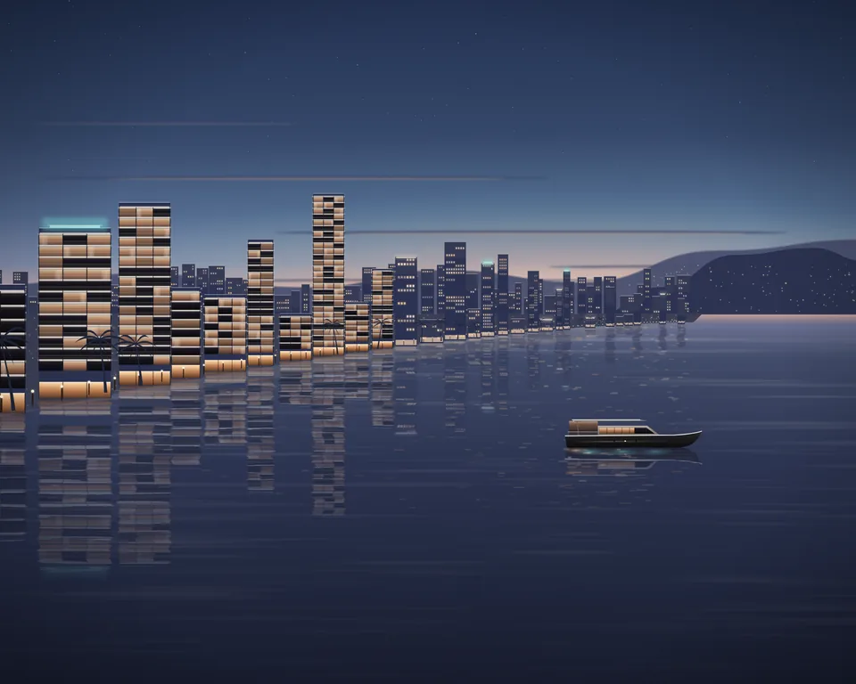 Illustration: a small boat crossing a generic bay at dusk