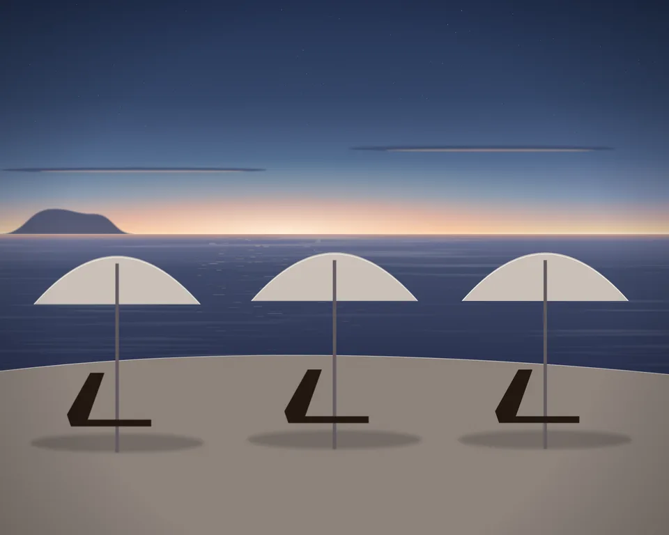 Illustration: an empty beach with umbrellas beside the sea at blue hour