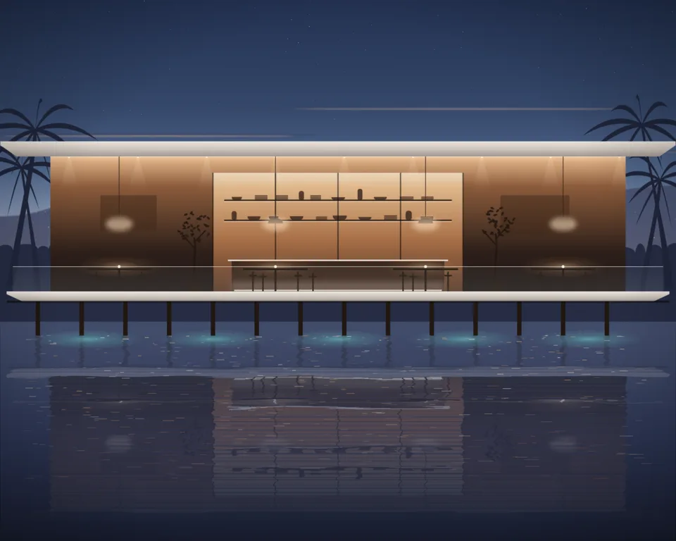 Illustration: an empty seaside restaurant with warm interior lighting at blue hour