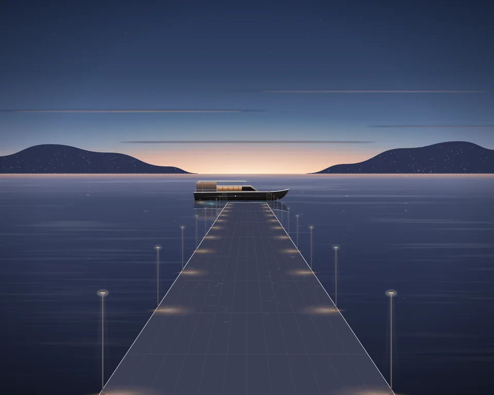 Illustration: a lit jetty leading to a boat with island hills across the water