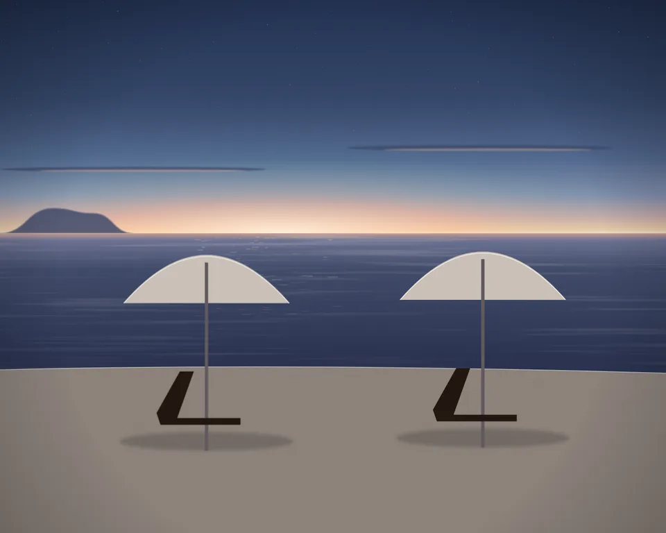 Illustration: deckchairs on a generic beach at blue hour