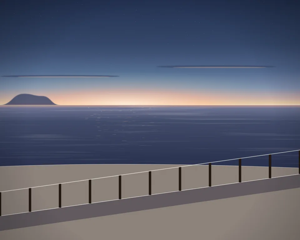 Illustration: a generic beach and coastal access at blue hour; no real beach is depicted