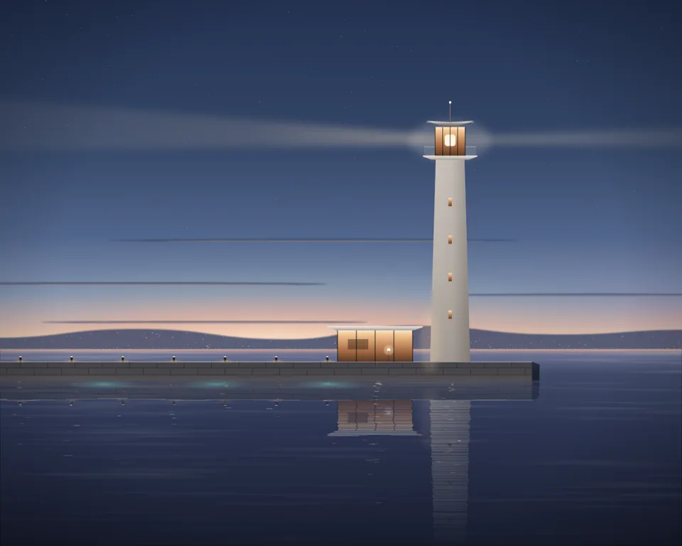 Illustration: a harbour beacon casting light over the sea at blue hour