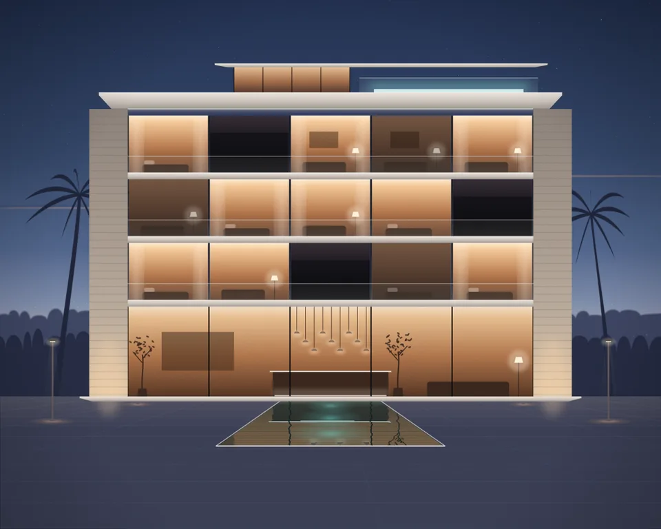 Illustration: an empty boutique hotel with warm-lit rooms at blue hour; no real property depicted