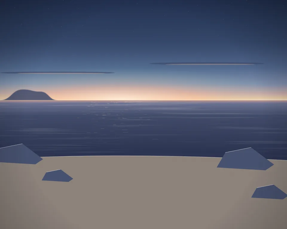 Illustration: a generic rocky cove at blue hour; no real beach is depicted
