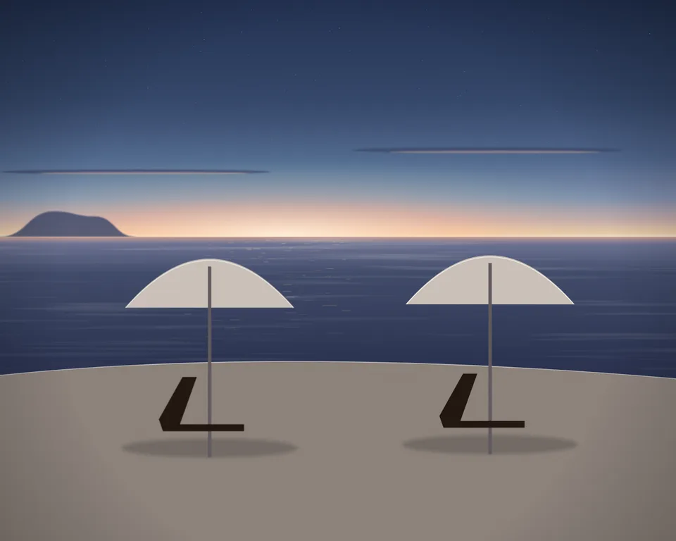 Illustration: a generic beach and coastal access at blue hour; no real beach is depicted