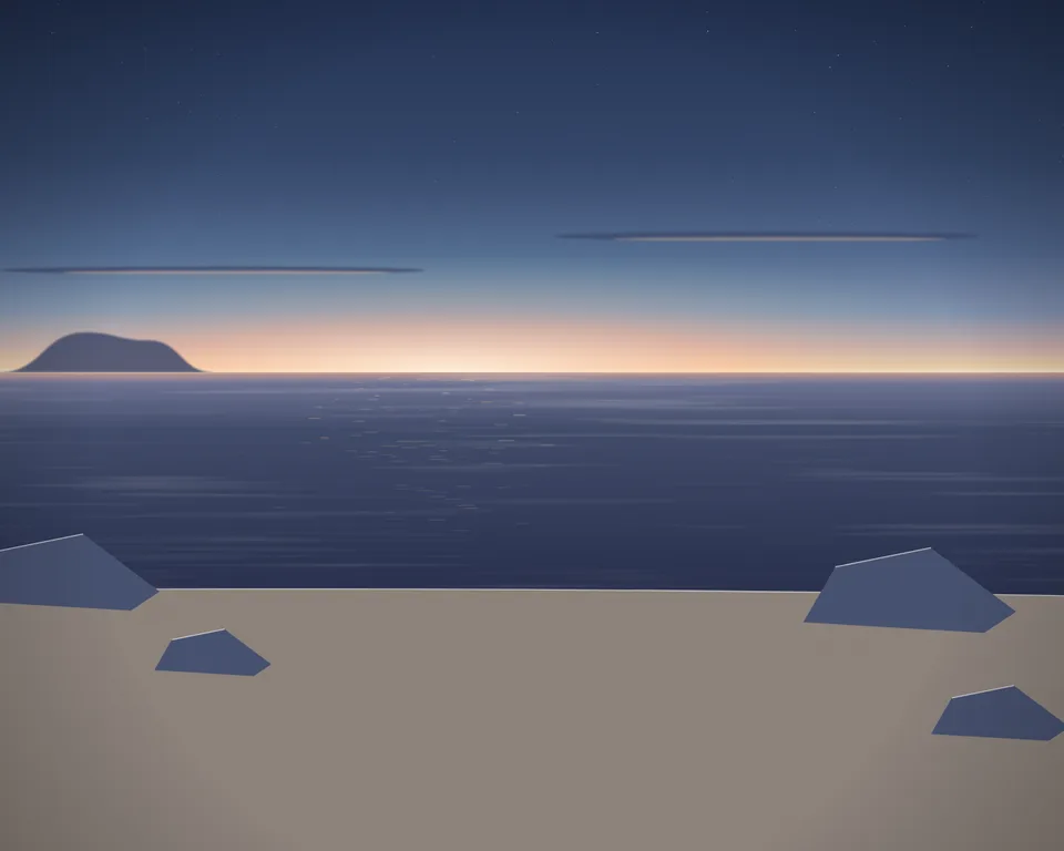 Illustration: a generic rocky cove at blue hour; no real beach is depicted