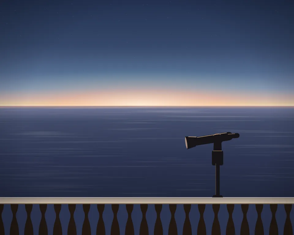 Illustration: an empty lookout terrace facing the sea at blue hour